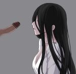  1boy 1girl bangs bar_censor black_hair breasts censored chinese_commentary cleavage commentary_request grey_background hair_over_eyes hetero highres large_breasts long_hair partial_commentary penis profile shirt simple_background solo_focus the_ring upper_body veins veiny_penis white_shirt yamamura_sadako yeklsa 
