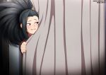  1girl behind_curtains black_hair boku_no_hero_academia curtain_grab curtains looking_to_the_side neocoill parted_lips patreon_username ponytail smile solo sweater web_address yaoyorozu_momo 