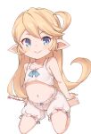  1girl absurdres blonde_hair bloomers blue_eyes blush charlotta_(granblue_fantasy) closed_mouth granblue_fantasy harvin highres jingai_modoki long_hair midriff navel pointy_ears simple_background sitting smile solo stomach twitter_username underwear wariza white_background white_bloomers 