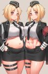  2girls abs absurdres armband blonde_hair blush breast_press crop_top dual_persona girls&#039;_frontline gloves highres military military_uniform mp40_(girls&#039;_frontline) multiple_girls navel necktie orange_eyes plump skirt stomach thigh_strap toryu_fufu uniform 