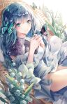  1girl blue_eyes blue_hair blue_theme blush braid bug butterfly develop2 dress flower highres lily_of_the_valley long_hair no_nose orchid original smile solo spring_(season) 
