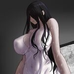  1girl bangs black_hair breasts chinese_commentary closed_mouth commentary_request covered_navel dress expressionless gradient gradient_background grey_background hair_between_eyes hair_over_eyes highres large_breasts long_hair partial_commentary solo static television the_ring upper_body wet wet_clothes white_dress yamamura_sadako yeklsa 