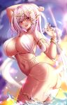  1girl absurdres arched_back armlet ass breasts cleavage covered_nipples dancer earrings elf hair_ornament harem_outfit highres jewelry kuro_(tbm9187) large_breasts navel necklace original pink_eyes pointy_ears purple_eyes purple_hair revealing_clothes tan thigh_strap thighlet thighs 