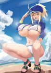  1girl absurdres ahoge alternate_breast_size artoria_pendragon_(fate) aya_roushi baseball_cap beach bikini blonde_hair blue_eyes blue_headwear blue_jacket blue_sky blush breasts cleavage cropped_jacket error fate/grand_order fate_(series) hair_between_eyes hair_through_headwear hat highres huge_breasts jacket long_hair long_sleeves looking_at_viewer mysterious_heroine_xx_(fate) navel ponytail revision sandals shore shrug_(clothing) sidelocks sky smile solo squatting stomach swimsuit white_bikini wristband wrong_feet 