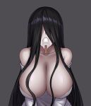  1girl bangs black_hair breasts chinese_commentary cleavage commentary_request fellatio food grey_background hair_between_eyes hair_over_eyes highres huge_breasts long_hair off_shoulder open_mouth oral popsicle popsicle_in_mouth sexually_suggestive shirt simple_background simulated_fellatio solo the_ring tongue tongue_out upper_body uvula very_long_hair white_shirt yamamura_sadako yeklsa 