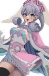  1girl blue_eyes breasts cape curly_hair dress gloves hat head_wings kamaniki long_hair long_sleeves looking_at_viewer medium_breasts melia_antiqua o-ring puffy_sleeves short_dress simple_background smile solo thighhighs upper_body xenoblade_chronicles_(series) xenoblade_chronicles_1 