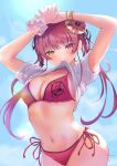  1girl bangs bikini blush breasts cleavage flower hair_flower hair_ornament hair_ribbon heterochromia hololive houshou_marine imazakey large_breasts long_hair looking_at_viewer mouth_hold navel red_eyes red_hair ribbon shirt_in_mouth solo swimsuit twintails virtual_youtuber yellow_eyes 