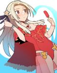  1girl blush breasts cape closed_mouth do_m_kaeru edelgard_von_hresvelg fire_emblem fire_emblem:_three_houses fire_emblem_heroes food hair_ornament hair_ribbon long_hair official_alternate_costume one-piece_swimsuit popsicle purple_eyes red_cape red_swimsuit ribbon simple_background solo swimsuit white_hair 