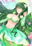  1girl bare_shoulders blush bra bracelet breasts cherry_blossoms commentary_request dress earrings floating floating_hair green_eyes green_hair grin hair_between_eyes headband highres jewelry large_breasts long_hair mermaid_melody_pichi_pichi_pitch necklace pearl_bracelet petals shell shiina_awo simple_background skirt smile solo touin_rina underwear very_long_hair 
