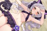  1girl animal_ears bangs blunt_bangs blush bow breasts cat_ears cat_girl cat_tail grey_hair highres hololive ivan_wang long_hair looking_at_viewer midriff murasaki_shion navel short_eyebrows sidelocks small_breasts solo swimsuit tail tail_bow tail_ornament virtual_youtuber yellow_eyes 