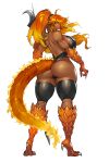  1girl absurdres ahoge animal_hands ass blue_eyes breasts claws curvy dark-skinned_female dark_skin fiery_tail fire flame-tipped_tail from_behind full_body gurimjang hair_over_one_eye head_fins high_ponytail highres huge_breasts lizard_tail long_hair looking_at_viewer looking_back monster_girl monster_girl_encyclopedia muscular muscular_female ponytail red_hair revealing_clothes salamander_(monster_girl_encyclopedia) scales simple_background smile solo standing tail thighs white_background 