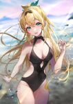  1girl bangs blonde_hair blue_eyes blush breasts eyebrows_visible_through_hair hair_between_eyes highres hololive kazama_iroha long_hair looking_at_viewer misekiss one-piece_swimsuit ponytail smile solo swimsuit virtual_youtuber 