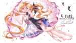  2girls :d animal anklet bare_shoulders barefoot black_dress black_ribbon blonde_hair blush breasts bug butterfly cleavage closed_mouth commentary_request copyright_name dress fate_testarossa flower hair_ribbon jewelry kinom_(sculpturesky) long_hair low_ponytail lyrical_nanoha mahou_shoujo_lyrical_nanoha medium_breasts multiple_girls outstretched_arms petals pleated_dress ponytail red_eyes red_flower red_rose ribbon rose sleeveless sleeveless_dress smile soles takamachi_nanoha translation_request very_long_hair white_background white_dress 