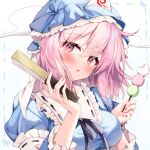  1girl :q absurdres blue_headwear blush breasts dango eyebrows_visible_through_hair food hand_fan hat hecha_(01964237) highres holding holding_fan holding_food large_breasts looking_at_viewer pink_eyes pink_hair saigyouji_yuyuko solo tongue tongue_out touhou triangular_headpiece upper_body wagashi 