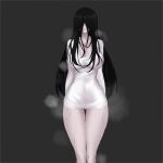  1girl bangs black_hair blush bottomless breasts breath chinese_commentary cleavage closed_mouth commentary_request covered_nipples feet_out_of_frame hair_between_eyes highres large_breasts long_hair long_sleeves partial_commentary pussy pussy_juice simple_background solo steaming_body the_ring thigh_gap yamamura_sadako yeklsa 
