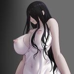  1girl bangs black_hair breasts chinese_commentary closed_mouth commentary_request covered_navel covered_nipples dress expressionless gradient gradient_background grey_background hair_between_eyes hair_over_eyes highres large_breasts long_hair partial_commentary solo the_ring upper_body white_dress yamamura_sadako yeklsa 