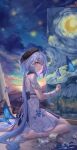  1girl absurdres ahoge bangs barefoot beret blue_butterfly blue_hair bug butterfly cloud cloudy_sky dress full_body griseo hat highres holding holding_brush honkai_(series) honkai_impact_3rd korean_commentary long_hair looking_at_viewer looking_back night night_sky open_mouth painting_(action) painting_(object) palette_(object) purple_eyes short_sleeves sitting sky soles solo thighs toes twintails wariza white_dress yelan_xing_xuan 