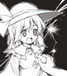  1girl black_background blouse breast_grab bright_pupils buttons diamond_button eyebrows_visible_through_hair frilled_shirt_collar frills grabbing greyscale hat hat_ribbon highres komeiji_koishi long_sleeves medium_hair monochrome open_mouth ribbon shirt solo_focus tatuhiro touhou upper_body wavy_hair 