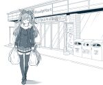  1girl agnes_digital_(umamusume) animal_ears bag bow closed_eyes commentary_request familymart hair_bow horse_ears horse_girl long_hair monochrome scarf shopping_bag solo standing taguchi_kenji_(omaep) thighhighs translation_request umamusume winter_clothes 