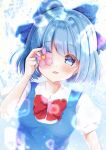 1girl :d bangs blue_bow blue_hair bow bowtie cirno eyebrows_visible_through_hair flower flower_over_eye hair_bow looking_at_viewer open_mouth pink_flower red_bow red_bowtie shirotsuki_shirone short_hair short_sleeves smile solo touhou upper_body 