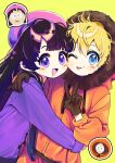  1boy 1girl :d :p absurdres bangs belt beret black_hair blonde_hair blue_eyes blunt_bangs blush_stickers chibi chibi_inset fur_collar gloves hand_on_another&#039;s_shoulder hat highres hood hood_up hoodie hug kenny_mccormick long_hair long_sleeves looking_at_viewer one_eye_closed open_mouth purple_eyes q_yan31 short_hair smile south_park thick_eyebrows tongue tongue_out v wendy_testaburger yellow_background 