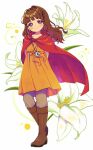  1girl absurdres antenna_hair bangs blush boots braid brown_hair cape crescent dress flower half-closed_eyes head_tilt highres jewelry lily_(flower) long_hair looking_at_viewer necklace original pants pants_under_dress purple_hair q_yan31 smile solo thick_eyebrows wind 