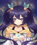  1girl aeiion collar commentary dark_blue_hair detached_sleeves english_commentary green_eyes hair_ornament hair_ribbon highres holding lilly_(riri_zuran) long_hair original ribbon sky solo star_(sky) star_(symbol) star_hair_ornament star_ornament starry_sky twintails 