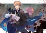  2boys adjusting_clothes adjusting_gloves ascot back-to-back black_ascot black_gloves black_pants blonde_hair blood blood_on_clothes blood_splatter brooch brown_jacket brown_vest building collared_shirt cowboy_shot dual_persona fate/grand_order fate_(series) glasses gloves green_eyes grin hayama_eishi highres holding holding_knife jacket jacket_on_shoulders jekyll_and_hyde_(fate) jewelry knife letterboxed looking_ahead looking_at_viewer male_focus multiple_boys open_clothes open_vest outside_border pants parted_lips petals pixiv_fate/grand_order_contest_2 profile red_eyes shirt short_hair sideways_glance smile spiked_hair suspenders v-shaped_eyebrows vest white_shirt 