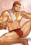  1boy abs ass_hair bara beard blue_eyes blush briefs brown_hair character_name cigarette cigarette_pack commission facial_hair gyee highres holding holding_cigarette incoming_gift large_pectorals looking_at_viewer male_focus male_underwear miesicomic multicolored_hair muscular muscular_male navel nipples orange_hair pectorals rand red_male_underwear short_hair smile solo sweat sweatdrop thighs towel towel_on_one_shoulder two-tone_hair undercut underwear wet 