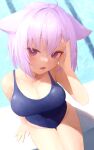  1girl absurdres ahoge animal_ears arm_up bangs bare_arms bare_shoulders blue_swimsuit breasts cat_ears cat_girl cleavage cowboy_shot from_above highres hololive large_breasts looking_at_viewer medium_hair nanome_to nekomata_okayu one-piece_swimsuit open_mouth purple_eyes purple_hair sitting solo swimsuit virtual_youtuber 
