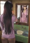  1girl ass bangs black_hair breasts cleavage closed_mouth collarbone fadingz faucet from_behind highres long_hair looking_at_mirror medium_breasts mirror original panties pink_sweater pixiv_id purple_eyes reflection signature sink solo sweater thighs tray underwear 
