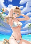  1girl absurdres armpits bangs blonde_hair blue_eyes blush breasts eyebrows_visible_through_hair hair_between_eyes highres hololive jiang_ye_kiri kazama_iroha looking_at_viewer navel pokobee smile solo swimsuit virtual_youtuber 