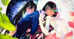  2girls bakushi_(kaeritai0609) black_hair blue_bodysuit blue_eyes bodysuit breasts colored_inner_hair fate/grand_order fate_(series) green_eyes hair_between_eyes hand_up highres interlocked_fingers long_hair looking_at_viewer medium_breasts multicolored_hair multiple_girls parted_lips pink_hair ponytail smile streaked_hair trung_nhi_(fate) trung_trac_(fate) white_bodysuit 