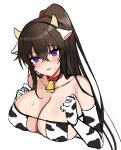  1girl absurdres animal_ears animal_print bare_shoulders bell bikini black_hair breasts choker cleavage collarbone counter:side cow_ears cow_horns cow_print cowbell elbow_gloves embarrassed fake_animal_ears fake_horns gloves hairband highres horns large_breasts long_hair looking_at_viewer maett parted_lips ponytail purple_eyes red_choker solo strapless strapless_bikini string_bikini sweatdrop swimsuit very_long_hair white_bikini white_gloves yoo_mina 