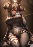  1girl animal_ears bangs bare_shoulders black_dress black_legwear breasts brown_hair closed_eyes detached_sleeves dress extra_ears galleon_(granblue_fantasy) genyaky gloves granblue_fantasy highres horns large_breasts long_hair multicolored_hair open_mouth pelvic_curtain pointy_ears sitting solo streaked_hair swept_bangs thigh_strap thighhighs thighs two-tone_dress wariza white_dress white_gloves wide_sleeves 