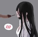  1boy 1girl bangs bar_censor black_hair breasts censored chinese_commentary cleavage clenched_teeth commentary_request food grey_background hair_over_eyes hetero highres large_breasts long_hair partial_commentary penis pocky pocky_day profile shirt simple_background solo_focus spoken_blush teeth the_ring upper_body urethral_insertion veins veiny_penis white_shirt yamamura_sadako yeklsa 