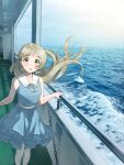  1girl :o absurdres bangs blue_dress blush cloud collarbone dress feet_out_of_frame floating_hair handa_roco highres idolmaster idolmaster_million_live! light_green_hair looking_at_viewer ocean oi! parted_bangs photo_background ship sleeveless sleeveless_dress solo watercraft waves 