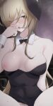  1girl animal_ears black_bow black_bowtie black_leotard blonde_hair blush bow bowtie breasts clothing_aside female_pubic_hair hand_up highres leotard leotard_aside looking_at_viewer medium_breasts migihidari_(puwako) nipples one_breast_out one_eye_closed open_mouth original out-of-frame_censoring playboy_bunny pubic_hair rabbit_ears skindentation solo spread_legs wristband yellow_eyes 