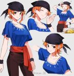  1girl artist_name bandana blue_shirt brown_pants closed_eyes commentary_request eyelashes grey_background happy jewelry joman korean_commentary nami_(one_piece) one_piece orange_eyes orange_hair pants shirt short_hair simple_background sketch smile solo twitter_username variations wristband 