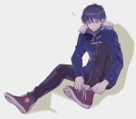  1boy bangs black_eyes black_hair black_pants black_sweater blue_coat coat commentary_request etra-chan_wa_mita! full_body highres kuroki_(etra-chan_wa_mita!) long_sleeves looking_down male_focus nyako_(lhq3p) pants red_footwear revision shiny shiny_hair shoes short_hair simple_background sitting sneakers solo sweater tying_footwear white_background 