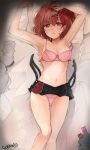  1girl :o armpits arms_up bed_sheet bra breasts cleavage condom condom_box damu_(dapeach) feet_out_of_frame highres higuchi_madoka idolmaster idolmaster_shiny_colors looking_at_viewer lying medium_breasts mole mole_under_eye navel on_back on_bed panties pillow pink_bra pink_panties red_eyes red_hair shirt_removed skirt solo suspender_skirt suspenders suspenders_removed sweatdrop underwear 