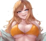  :d absurdres bikini bikini_top_only blush breasts commentary_request earrings highres idolmaster idolmaster_cinderella_girls jewelry lamp_p9 large_breasts long_hair looking_at_viewer ohtsuki_yui open_mouth orange_bikini orange_hair simple_background smile star_(symbol) star_earrings sweat swimsuit teeth upper_body white_background 