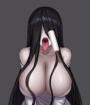  1girl bangs black_hair breasts chinese_commentary cleavage commentary_request food grey_background hair_between_eyes hair_over_eyes highres huge_breasts long_hair off_shoulder open_mouth popsicle shirt simple_background solo the_ring tongue tongue_out upper_body uvula very_long_hair white_shirt yamamura_sadako yeklsa 