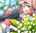  1girl :d absurdres black_legwear blue_eyes bow brown_hair double_bun flower hair_bun highres legwear_under_shorts long_hair open_mouth orchid pantyhose pink_bow pokemon pokemon_(game) pokemon_bw2 raglan_sleeves rosa_(pokemon) shoes short_shorts shorts smile sneakers solo twintails uyumaru_art very_long_hair visor_cap yellow_shorts 