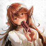  159cm 1girl ahoge animal_ears blush brown_hair dot_nose earrings fingernails gift head_tilt holding holding_gift jewelry long_hair long_sleeves looking_at_viewer nail_polish orange_eyes original red_nails ring shirt solo upper_body white_background white_shirt wine-chan_(159cm) 