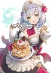  1girl armor armored_dress ascot bangs blush braid braided_bangs breasts chocolate cleavage dress flower food fruit gauntlets genshin_impact gomashio_ponz green_eyes grey_hair headpiece highres large_breasts long_sleeves looking_at_viewer noelle_(genshin_impact) open_mouth pancake pauldrons plate raspberry rose short_hair shoulder_armor smile solo whipped_cream white_dress 