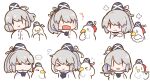  ... 1girl :d :t ^_^ arm_behind_head bird blue_headwear chicken closed_eyes closed_mouth crossed_arms expressions flying_sweatdrops grey_hair hands_in_opposite_sleeves hat highres holding holding_plate ikururu japanese_clothes kariginu laughing long_hair medium_hair mononobe_no_futo mononobe_no_futo_(chicken) multiple_views open_mouth plate ponytail pout ribbon-trimmed_sleeves ribbon_trim simple_background smile spoken_ellipsis star_(symbol) tate_eboshi touhou upper_body white_background wide_sleeves 