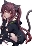  1girl :3 absurdres animal_ears asahi_(vjss4548) black_legwear brown_hair casual cat_ears choker genshin_impact ghost ghost_hair_ornament hair_ornament hairpin highres hood hoodie hu_tao_(genshin_impact) long_sleeves looking_at_viewer red_eyes smile solo squatting tank_top thighhighs twintails wavy_mouth white_tank_top 