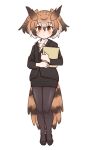  1girl alternate_costume bird_girl bird_tail bird_wings black_footwear black_jacket black_legwear brown_eyes brown_hair collared_shirt commentary eurasian_eagle_owl_(kemono_friends) eyebrows_visible_through_hair full_body head_wings high_heels highres jacket kemono_friends light_brown_hair long_sleeves looking_at_viewer multicolored_hair office_lady owl_ears owl_girl pantyhose shirt short_hair solo suit_jacket tail tateoftot white_hair white_shirt wings 