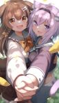  2girls :3 :d ahoge animal_ear_fluff animal_ears arm_around_waist bangs black_hairband blurry blush bone_hair_ornament bow bowtie braid brown_eyes brown_hair cat_ears cat_girl cat_tail crop_top dark_skin depth_of_field dog_ears dog_girl dog_tail fang frilled_shirt_collar frills from_side hair_between_eyes hair_bow hair_ornament hairband highres holding_hands hololive inugami_korone leaf long_hair long_sleeves looking_at_viewer looking_to_the_side medium_hair multiple_girls nekomata_okayu orange_bow orange_bowtie outstretched_arm ponono purple_eyes purple_hair purple_shirt sailor_collar shirt shorts smile tail virtual_youtuber white_sailor_collar white_shirt white_shorts yellow_bow 